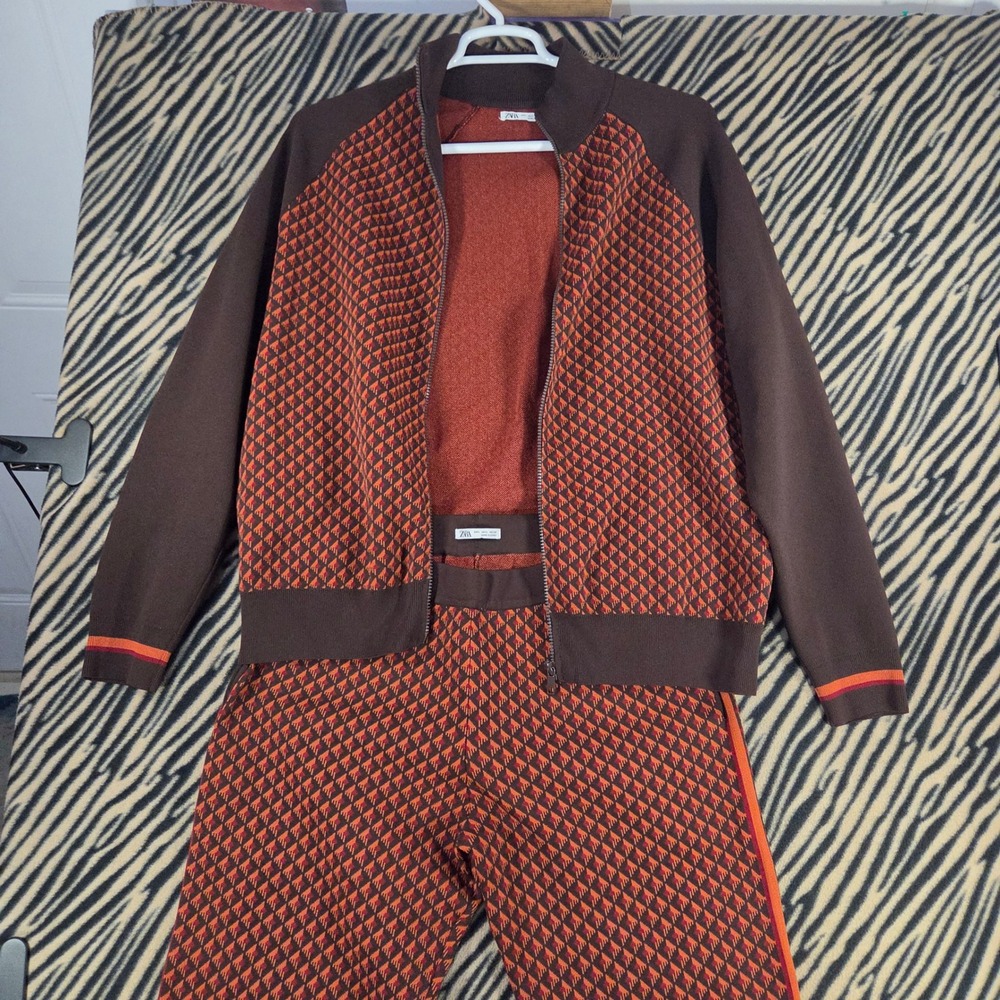Zara Mens Knit Tracksuit Set Brown Orange Geometric Zip Cardigan Pants Large